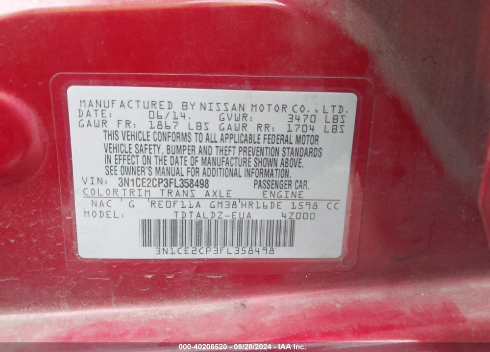 2015 NISSAN VERSA NOTE S (SR)/S PLUS/SL/SR/SV VIN: 3N1CE2CP3FL358498