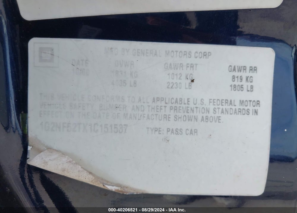 2001 PONTIAC GRAND AM SE1 VIN: 1G2NF52TX1C151537