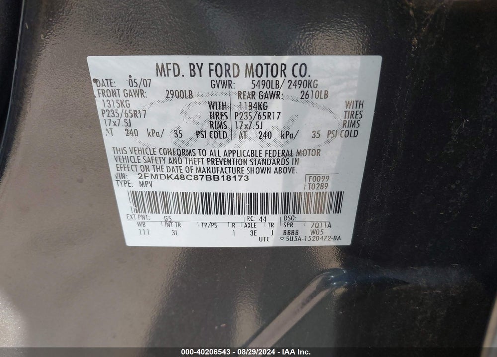 2007 FORD EDGE SEL VIN: 2FMDK48C87BB18173