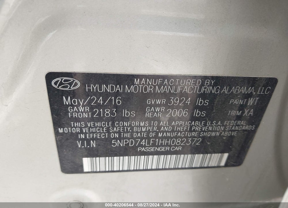 2017 HYUNDAI ELANTRA SE VIN: 5NPD74LF1HH082372