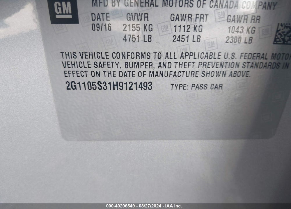 2017 CHEVROLET IMPALA 1LT VIN: 2G1105S31H9121493