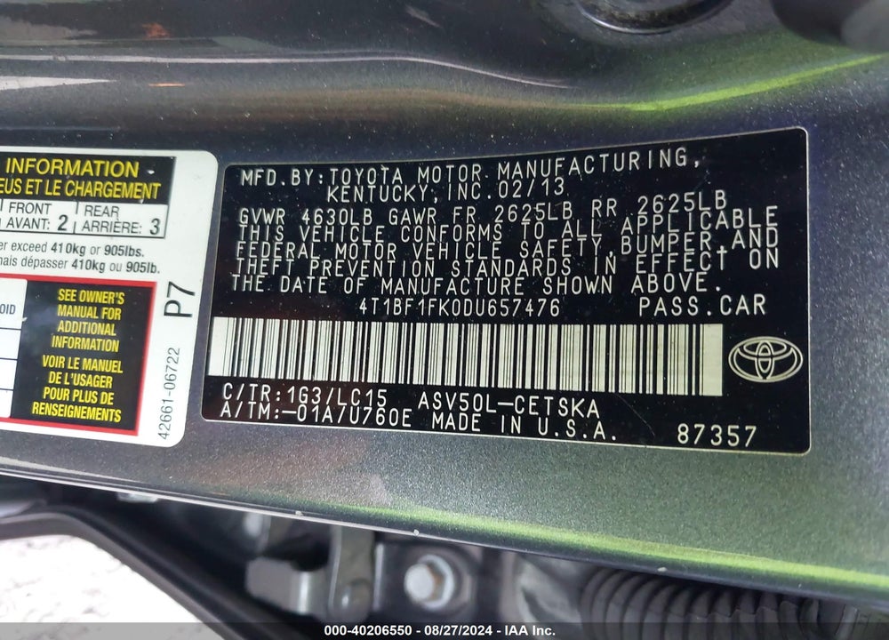 2013 TOYOTA CAMRY SE VIN: 4T1BF1FK0DU657476