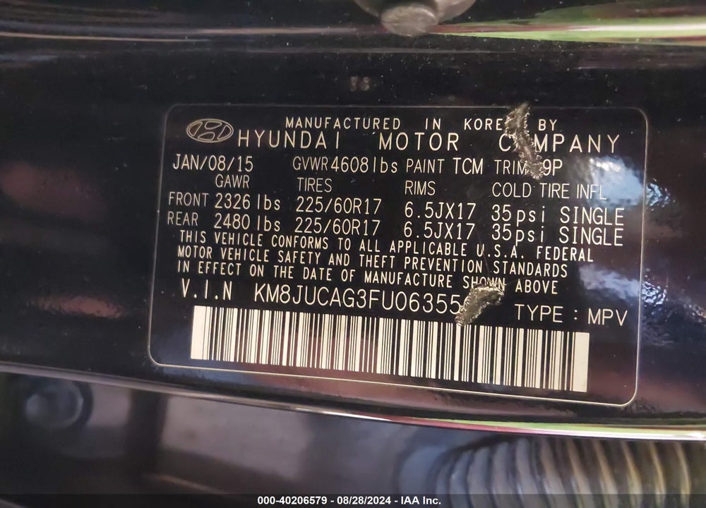 2015 HYUNDAI TUCSON SE VIN: KM8JUCAG3FU063550