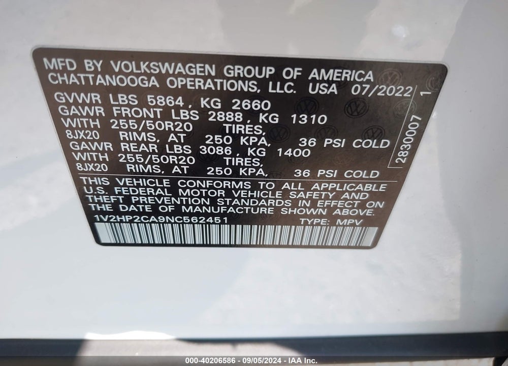 2022 VOLKSWAGEN ATLAS 2.0T SE W/TECHNOLOGY VIN: 1V2HP2CA9NC562451