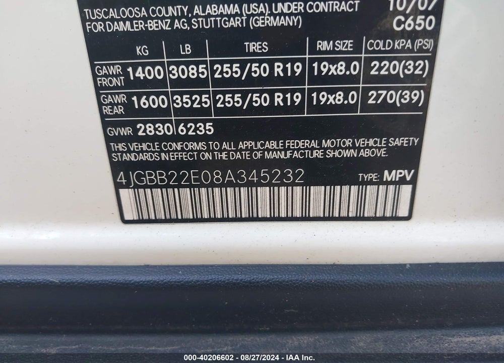 2008 MERCEDES-BENZ ML 320 CDI 4MATIC VIN: 4JGBB22E08A345232