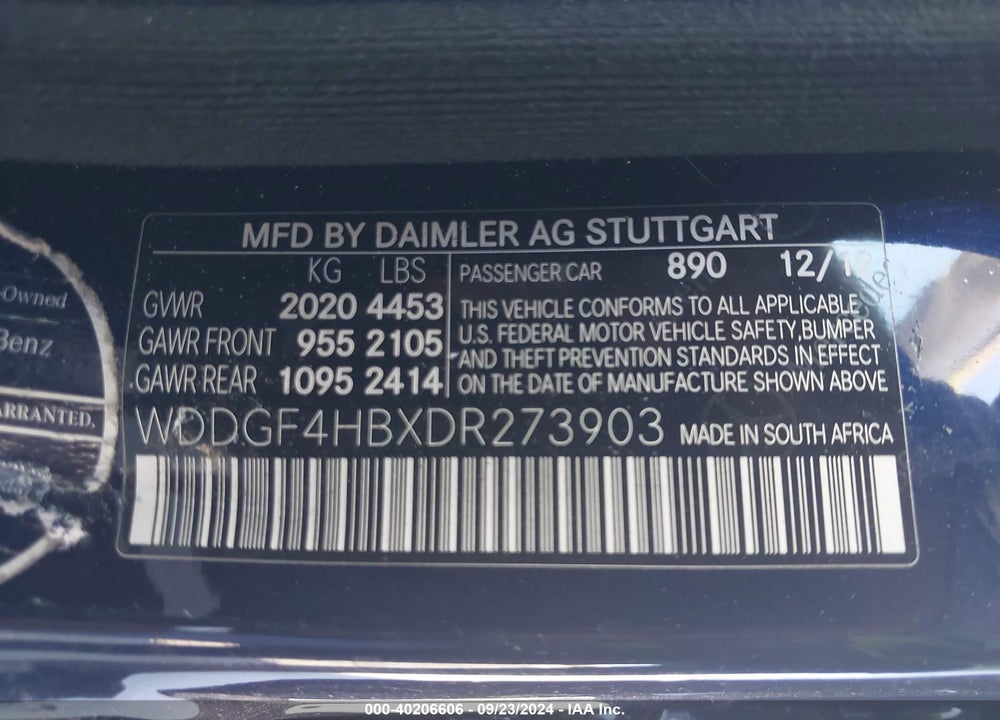 2013 MERCEDES-BENZ C 250 LUXURY/SPORT VIN: WDDGF4HBXDR273903
