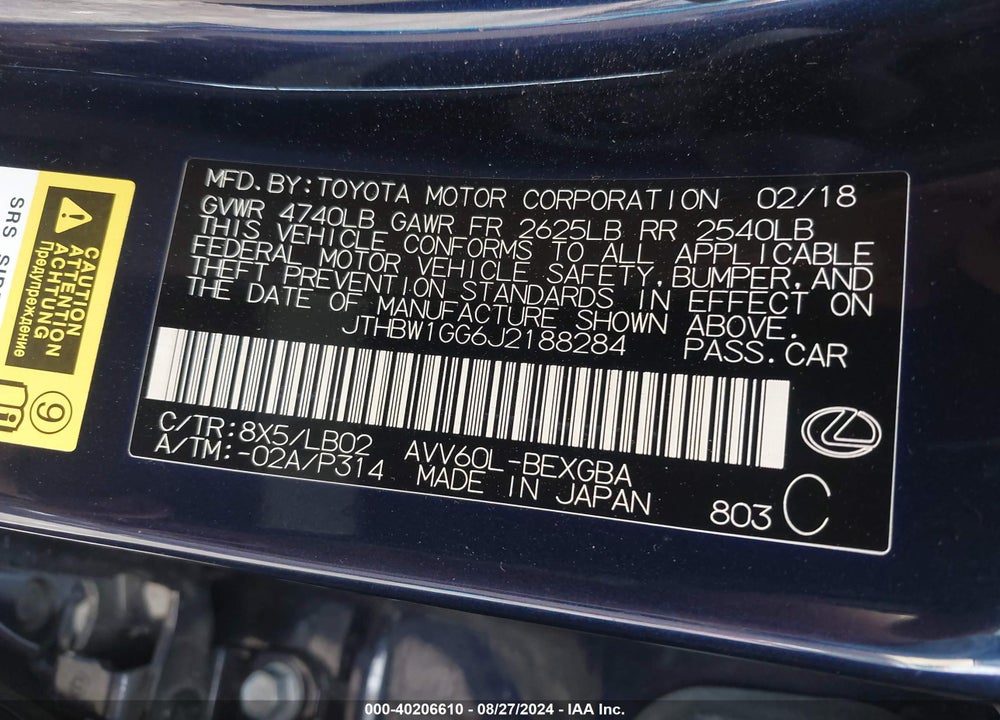 2018 LEXUS ES 300H VIN: JTHBW1GG6J2188284