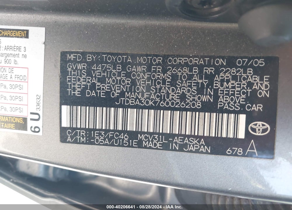 2006 TOYOTA CAMRY SE V6 VIN: JTDBA30K760026208