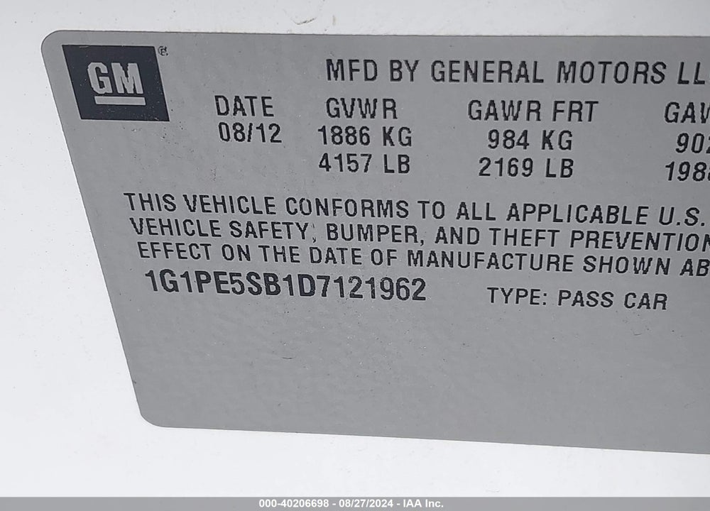 2013 CHEVROLET CRUZE VIN: 1G1PE5SB1D7121962