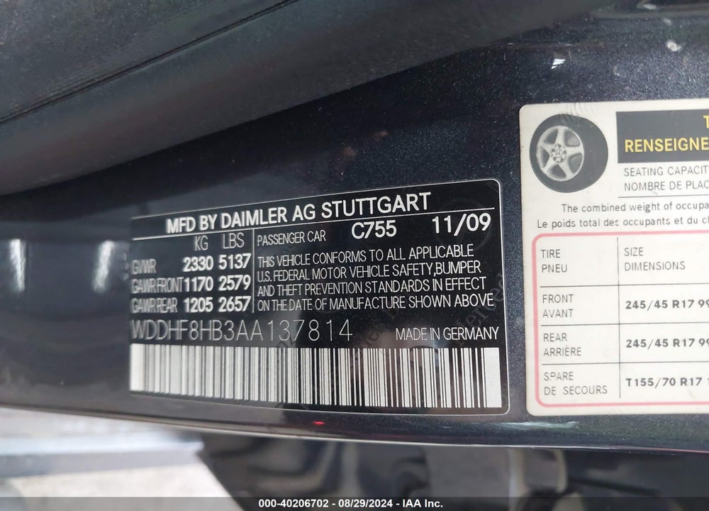 2010 MERCEDES-BENZ E 350 VIN: WDDHF8HB3AA137814