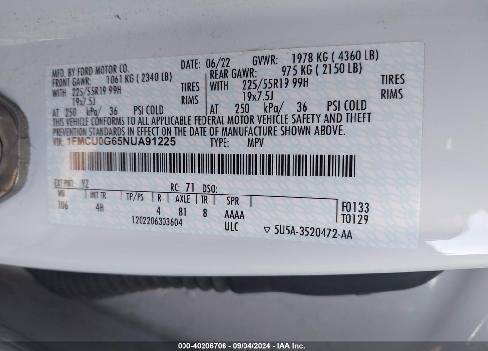 2022 FORD ESCAPE SE VIN: 1FMCU0G65NUA91225