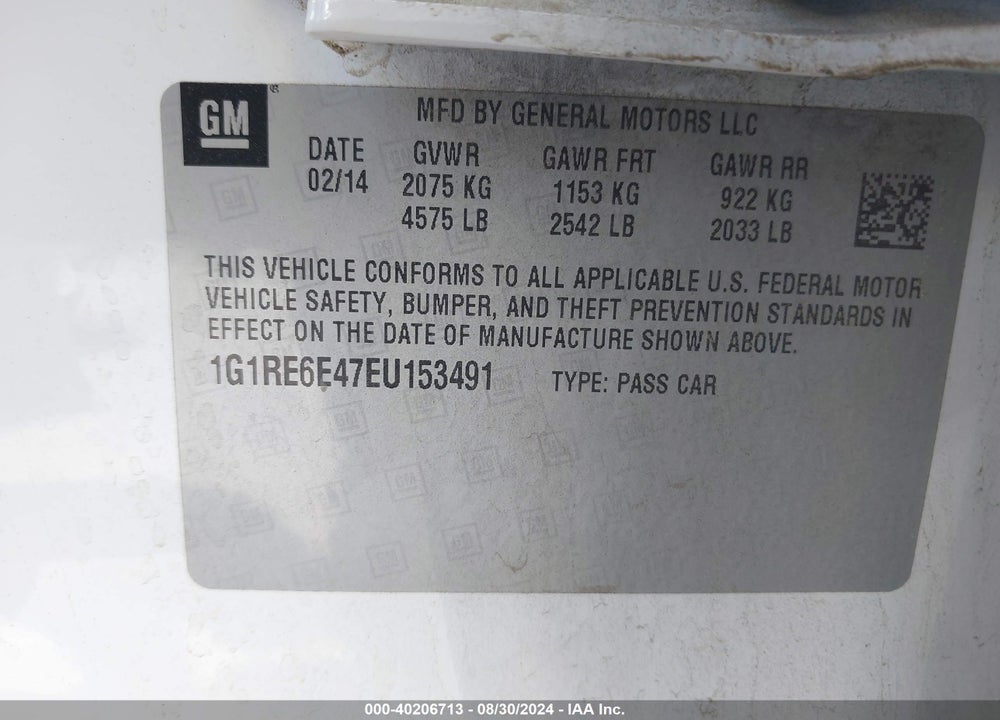 2014 CHEVROLET VOLT VIN: 1G1RE6E47EU153491