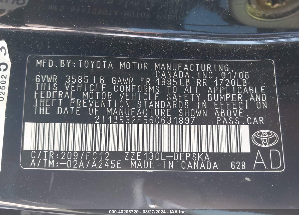 2006 TOYOTA COROLLA S VIN: 2T1BR32E56C631897