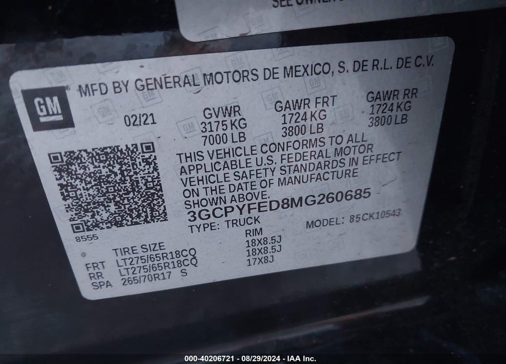 2021 CHEVROLET SILVERADO 1500 4WD SHORT BED LT TRAIL BOSS VIN: 3GCPYFED8MG260685