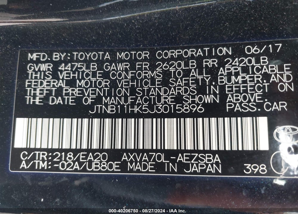 2018 TOYOTA CAMRY VIN: JTNB11HK5J3015896