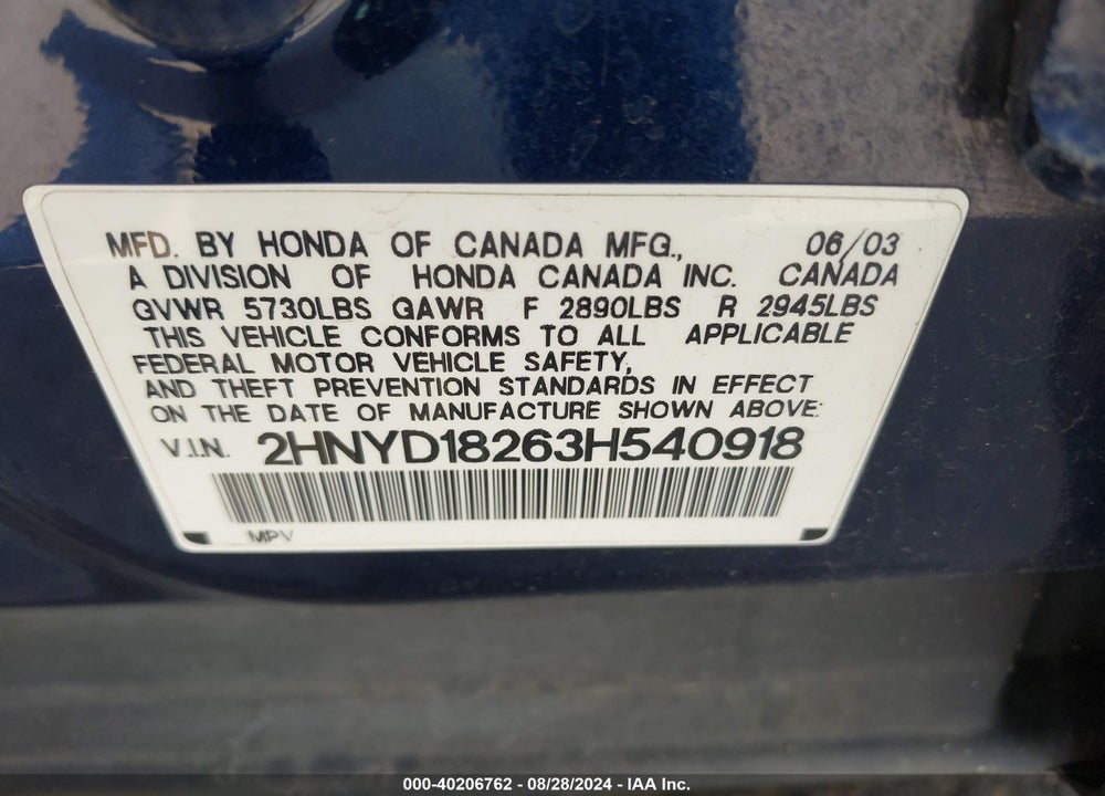 2003 ACURA MDX VIN: 2HNYD18263H540918