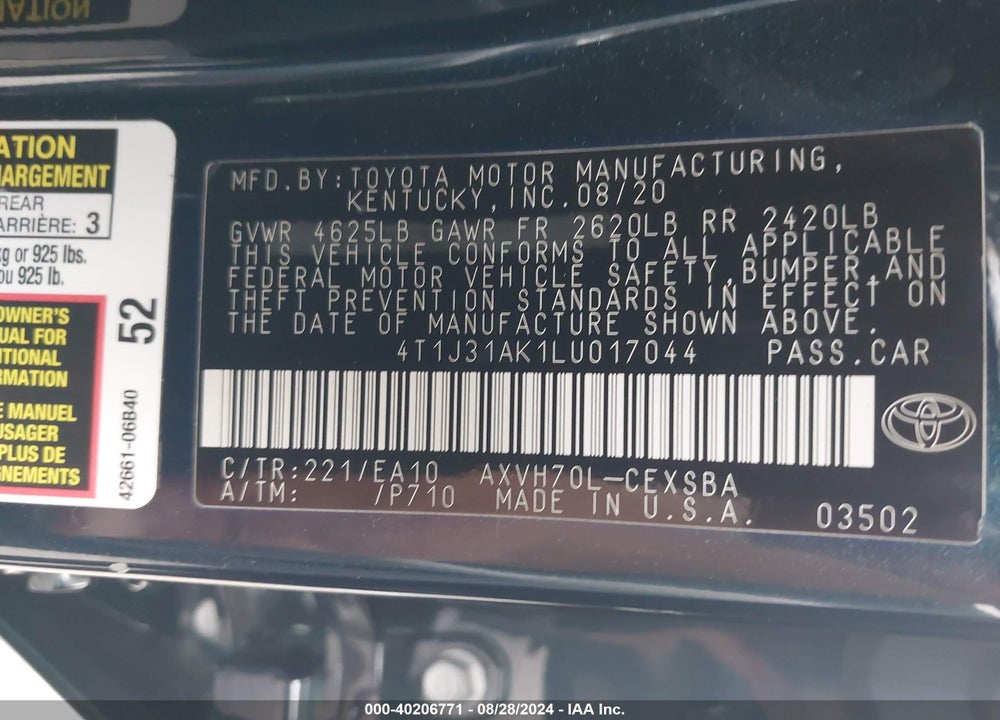 2020 TOYOTA CAMRY SE HYBRID VIN: 4T1J31AK1LU017044