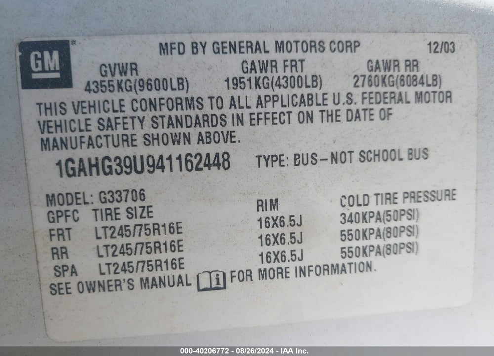 2004 CHEVROLET EXPRESS VIN: 1GAHG39U941162448