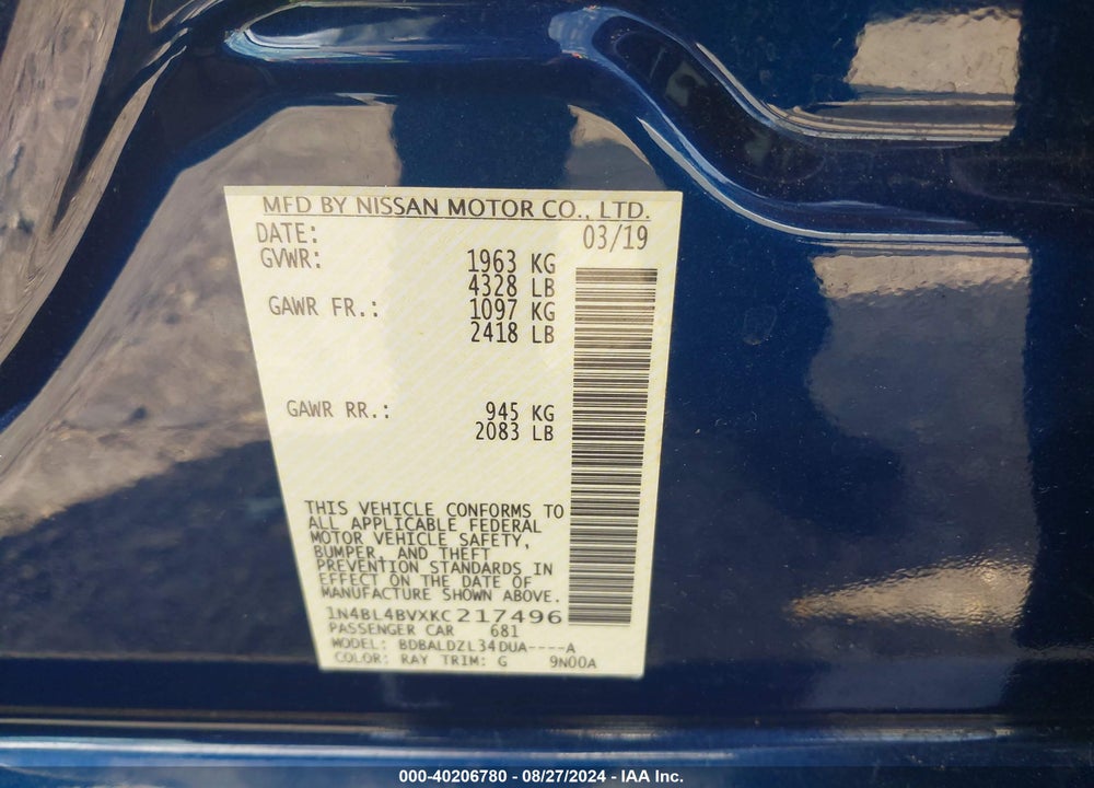 2019 NISSAN ALTIMA 2.5 S VIN: 1N4BL4BVXKC217496