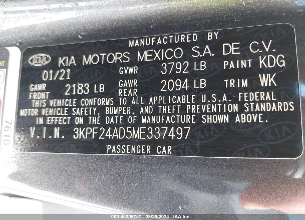 2021 KIA FORTE LXS VIN: 3KPF24AD5ME337497