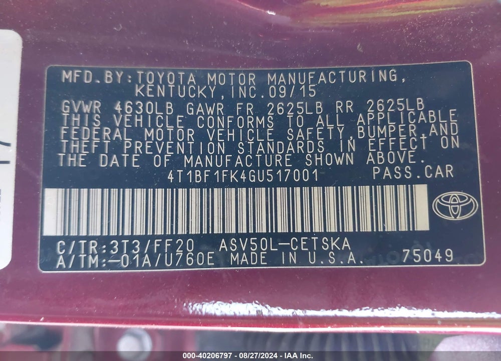 2016 TOYOTA CAMRY SE VIN: 4T1BF1FK4GU517001