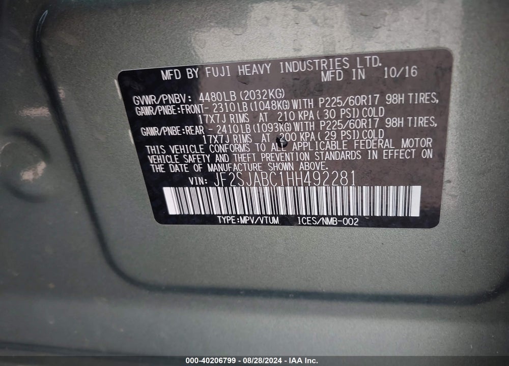 2017 SUBARU FORESTER 2.5I VIN: JF2SJABC1HH492281