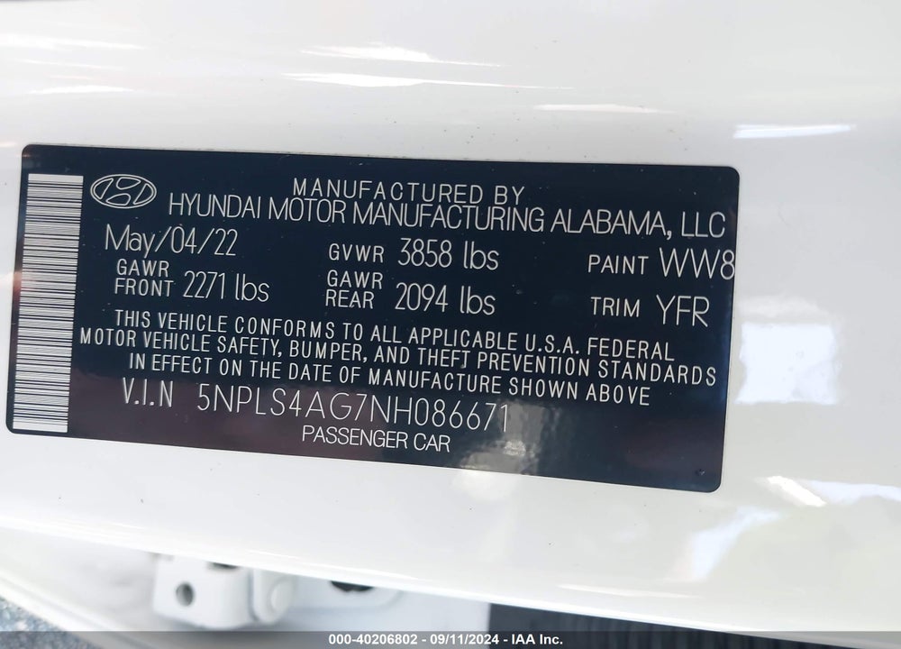 2022 HYUNDAI ELANTRA SEL VIN: 5NPLS4AG7NH086671
