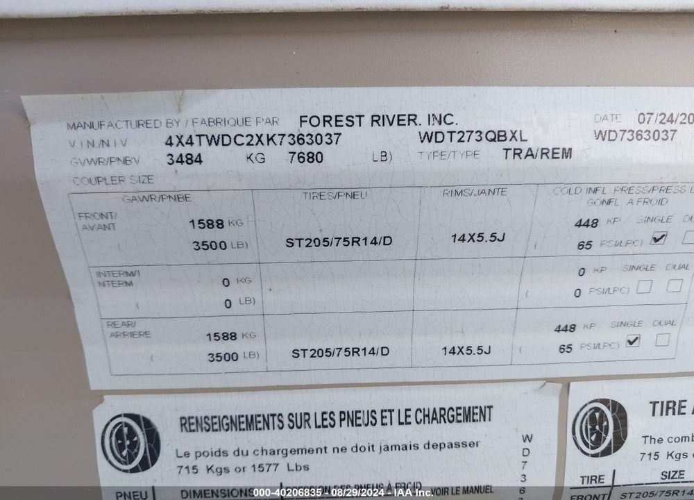 2019 FOREST RIVER OTHER VIN: 4X4TWDC2XK7363037
