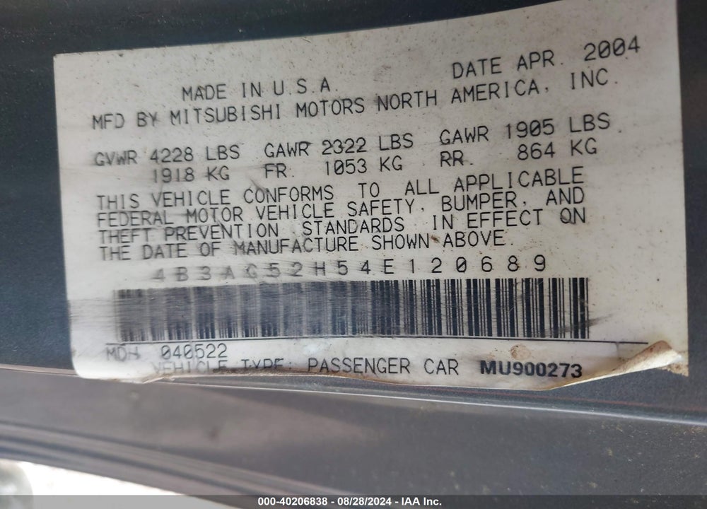 2004 DODGE STRATUS R/T VIN: 4B3AG52H54E120689