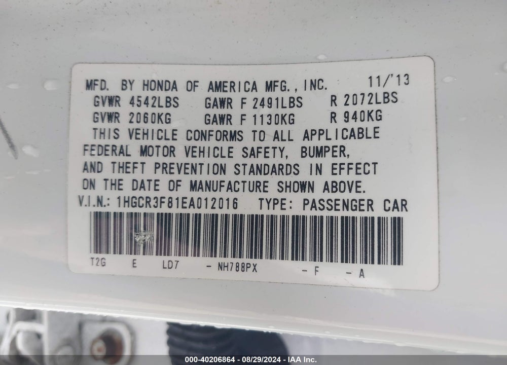 2014 HONDA ACCORD EX-L V-6 VIN: 1HGCR3F81EA012016