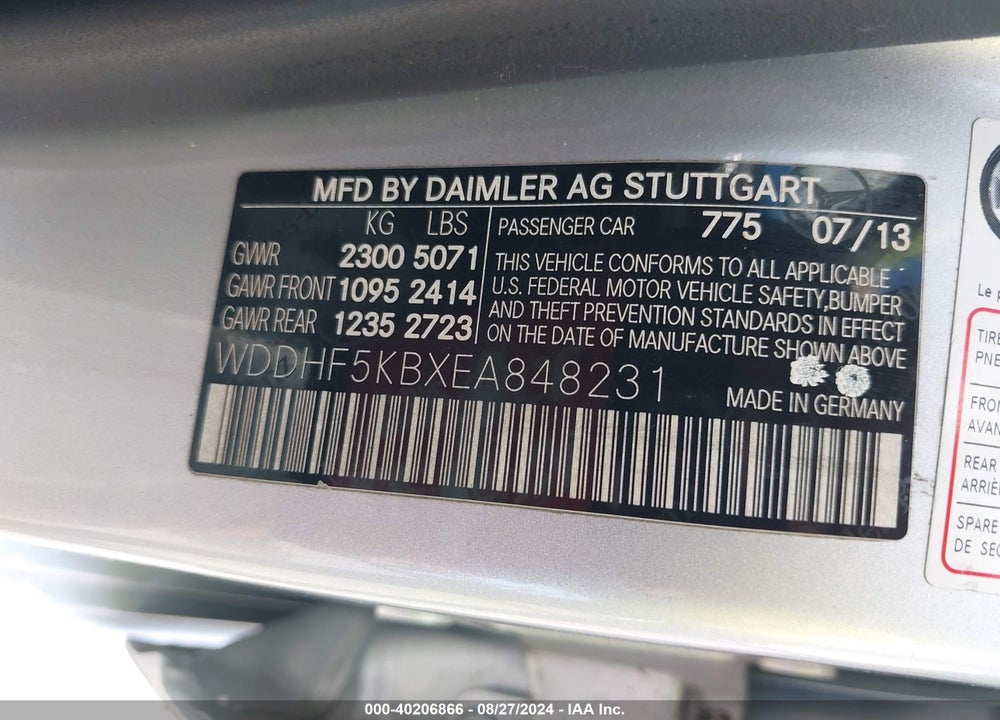 2014 MERCEDES-BENZ E 350 VIN: WDDHF5KBXEA848231