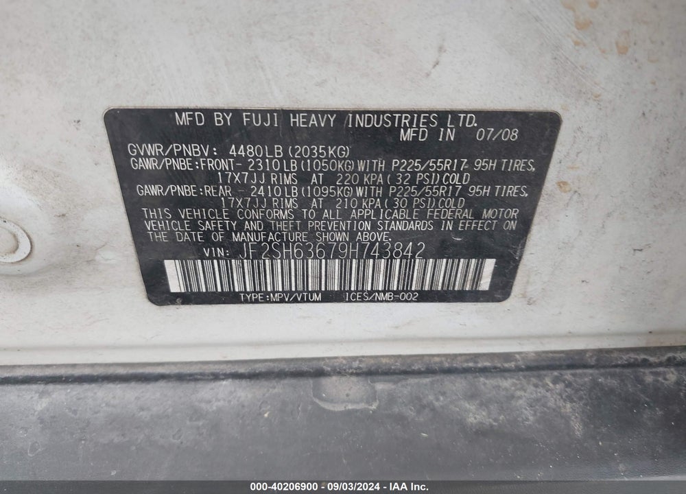 2009 SUBARU FORESTER 2.5X VIN: JF2SH63679H743842