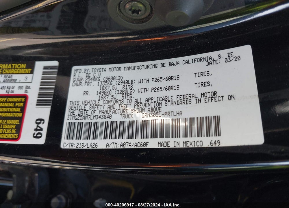 2020 TOYOTA TACOMA LIMITED VIN: 3TMGZ5AN7LM343840