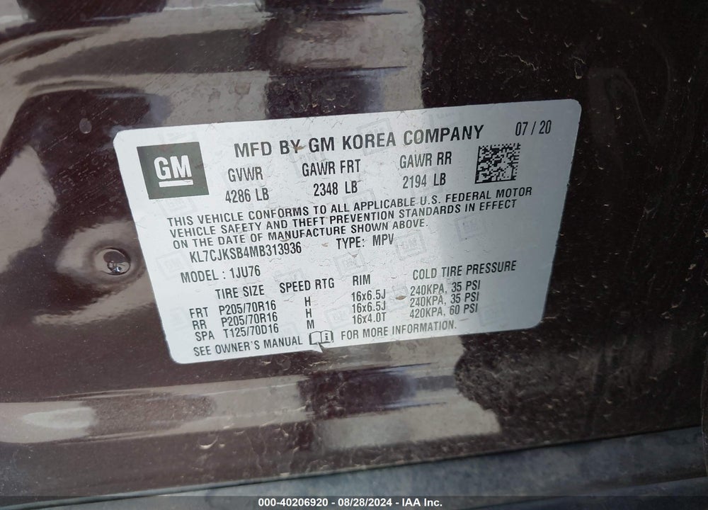 2021 CHEVROLET TRAX FWD LS VIN: KL7CJKSB4MB313936