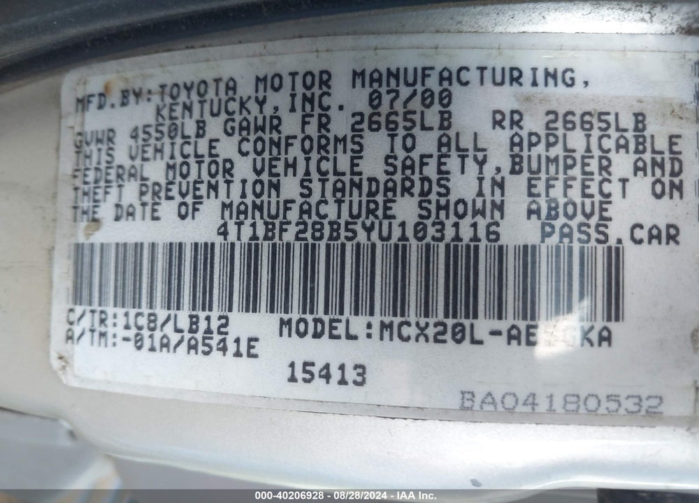 2000 TOYOTA AVALON XLS VIN: 4T1BF28B5YU103116