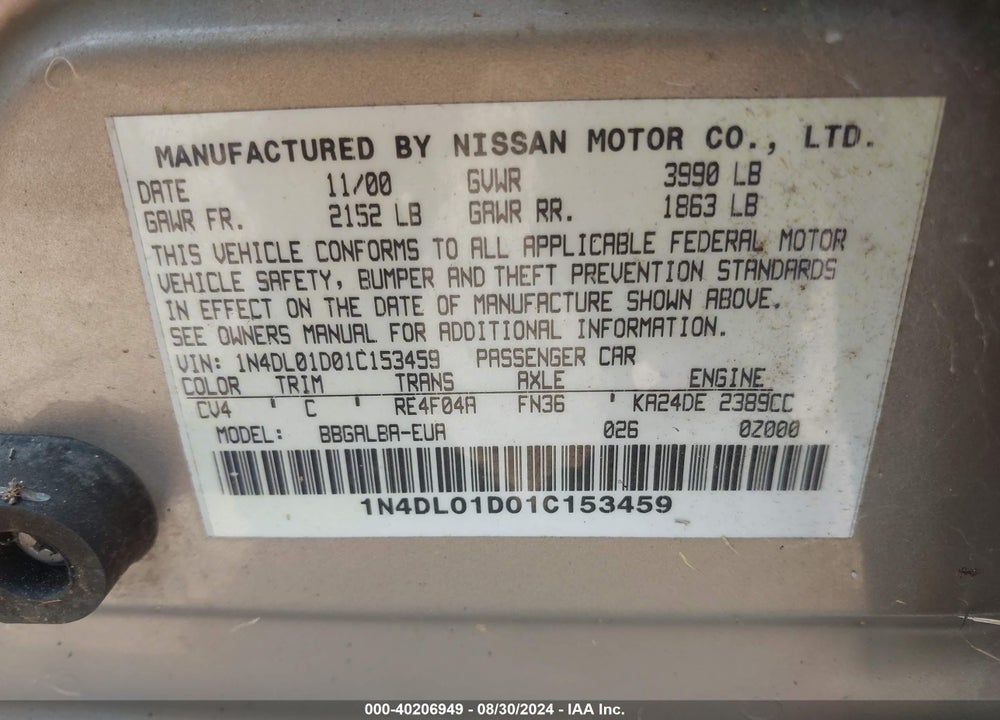 2001 NISSAN ALTIMA VIN: 1N4DL01D01C153459