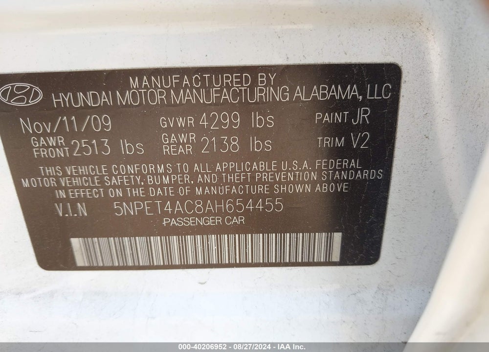 2010 HYUNDAI SONATA GLS VIN: 5NPET4AC8AH654455