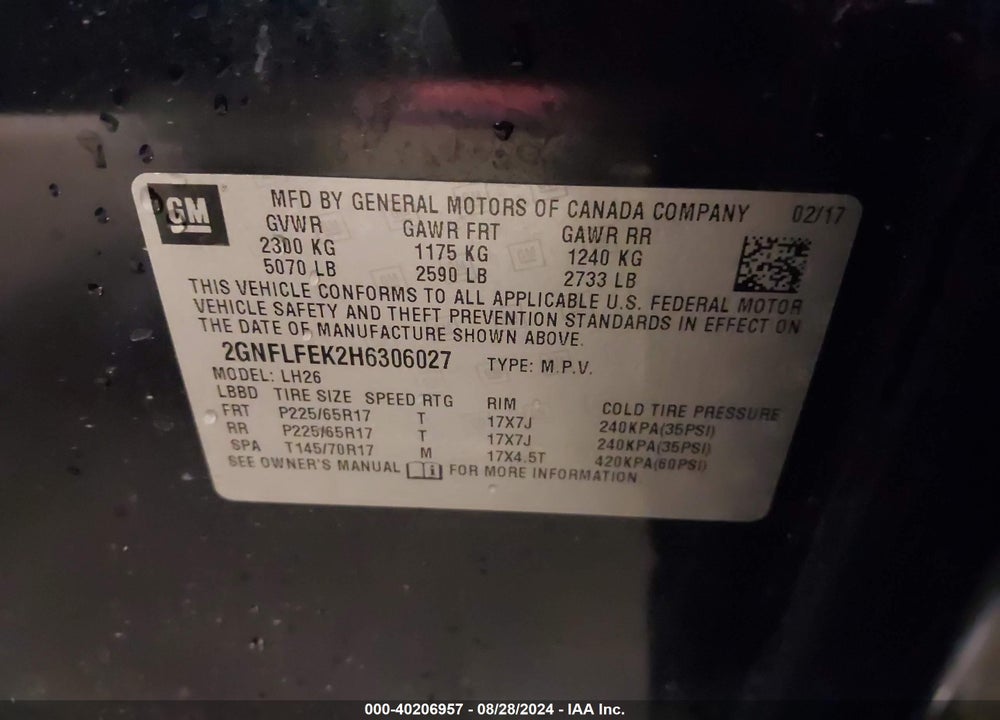 2017 CHEVROLET EQUINOX LT VIN: 2GNFLFEK2H6306027