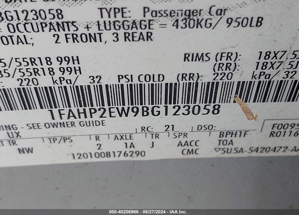 2011 FORD TAURUS SEL VIN: 1FAHP2EW9BG123058