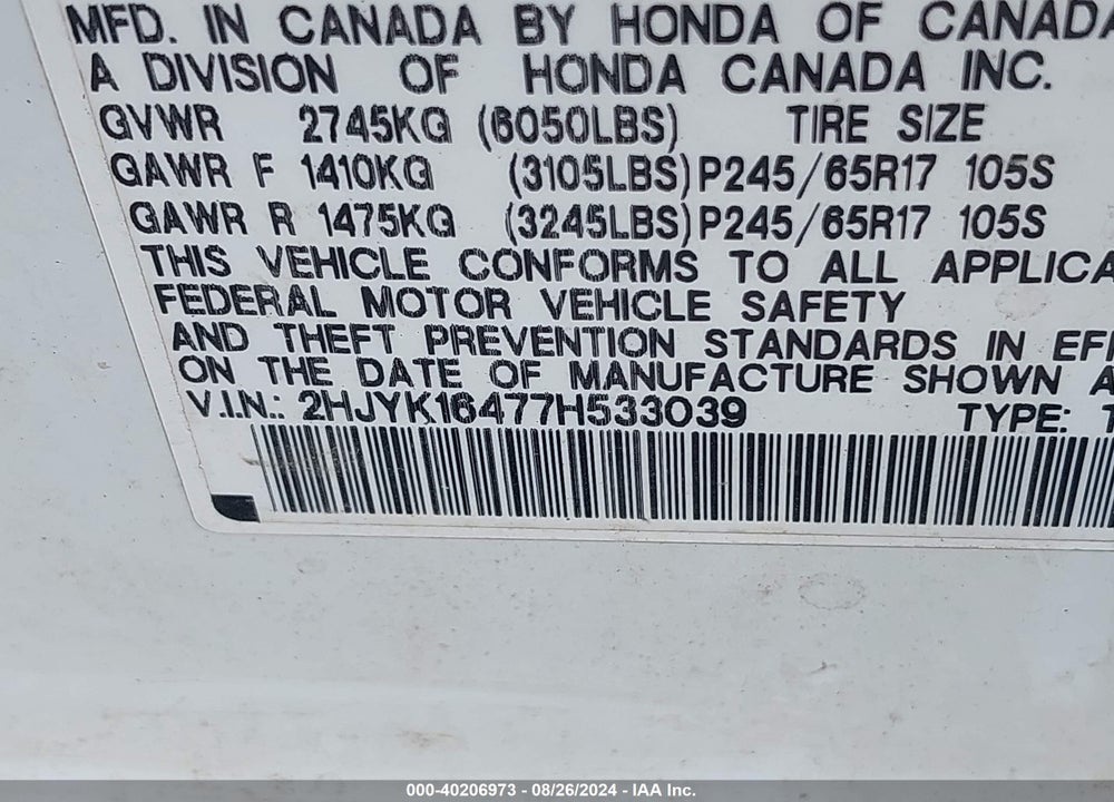 2007 HONDA RIDGELINE RTS VIN: 2HJYK16477H533039