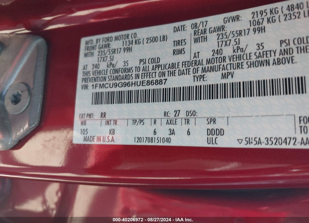 2017 FORD ESCAPE SE VIN: 1FMCU9G96HUE86887