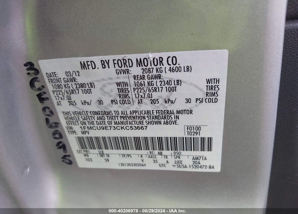2012 FORD ESCAPE LIMITED VIN: 1FMCU9E73CKC53667