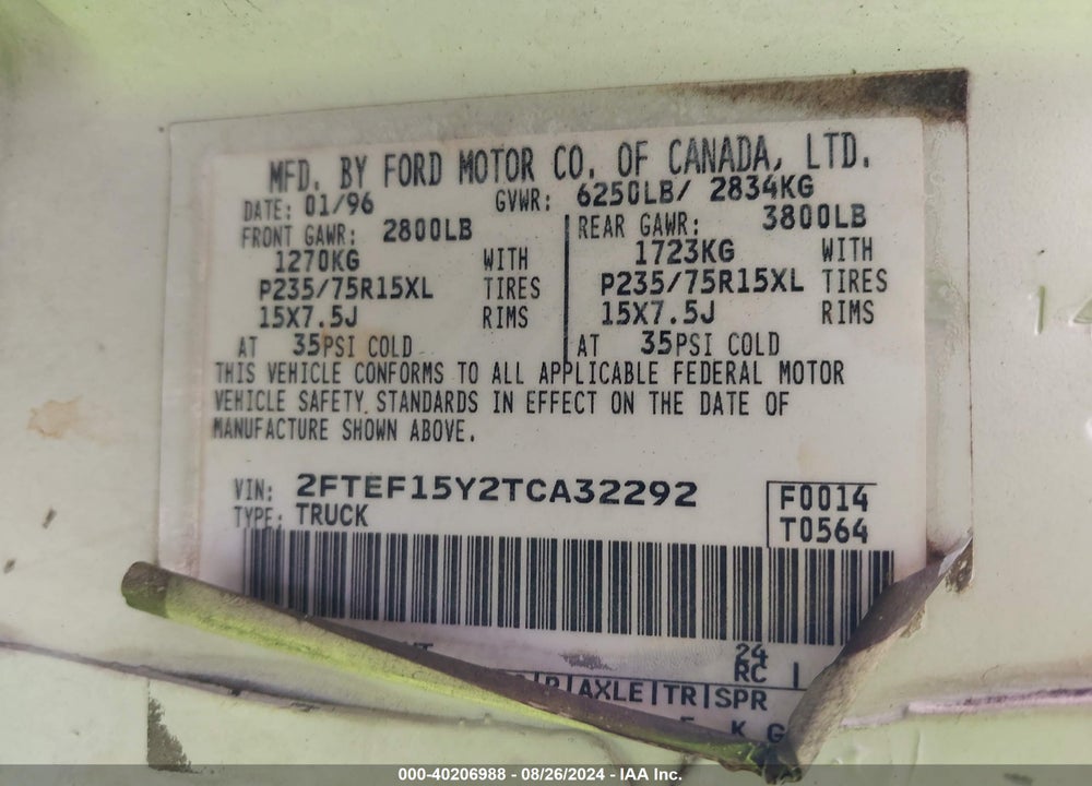 1996 FORD F150 VIN: 2FTEF15Y2TCA32292