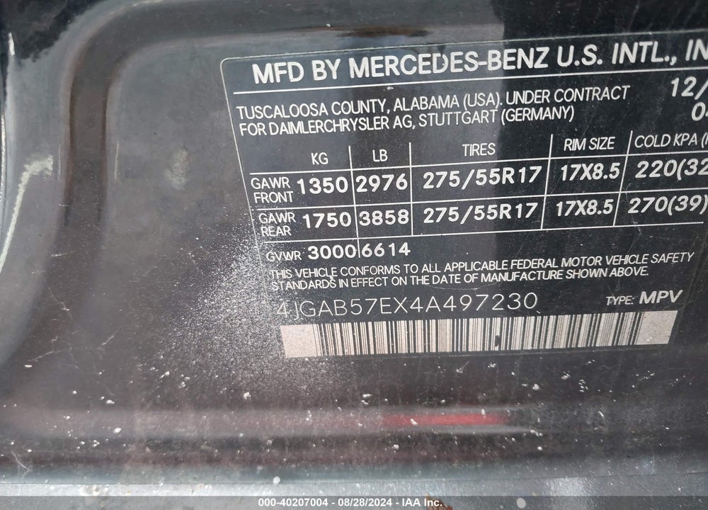 2004 MERCEDES-BENZ ML 350 4MATIC VIN: 4JGAB57EX4A497230