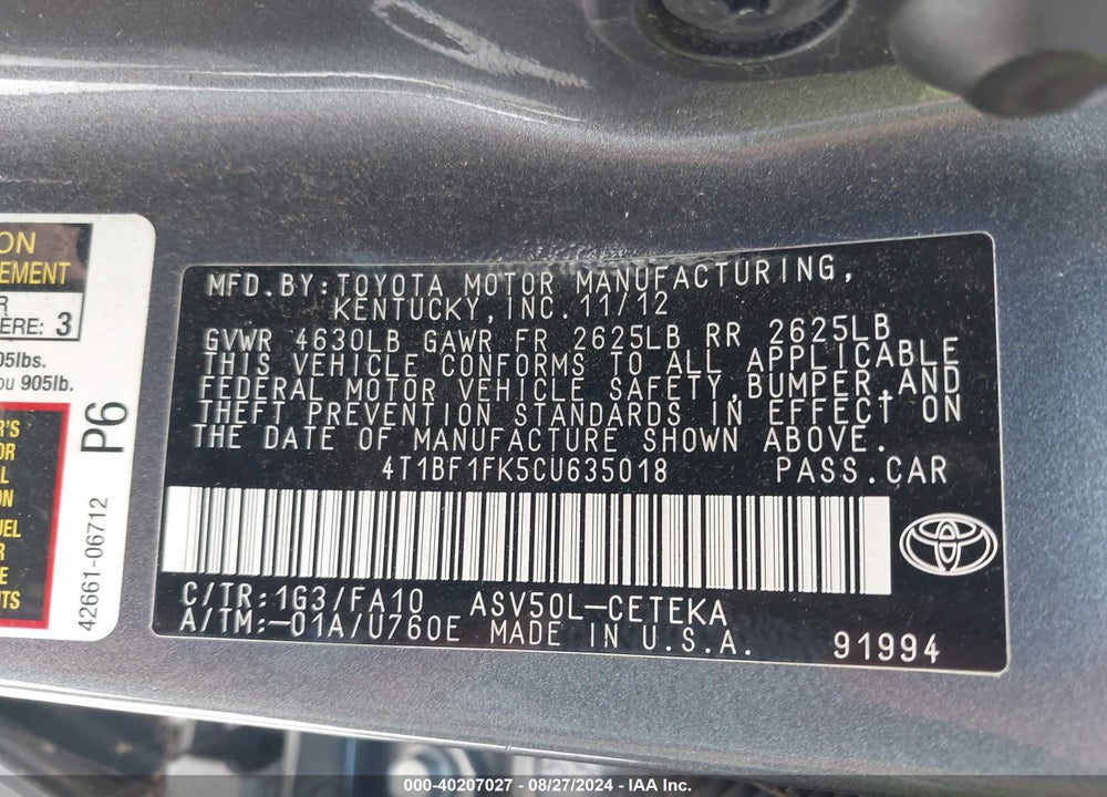2012 TOYOTA CAMRY L VIN: 4T1BF1FK5CU635018