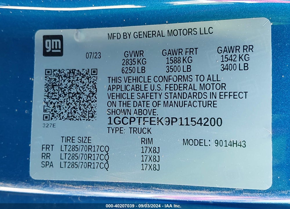 2023 CHEVROLET COLORADO 4WD SHORT BOX ZR2 VIN: 1GCPTFEK9P1154200