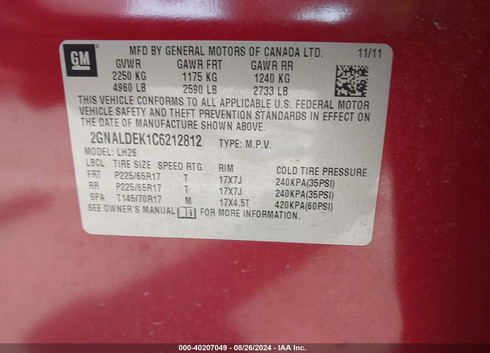 2012 CHEVROLET EQUINOX 1LT VIN: 2GNALDEK1C6212812