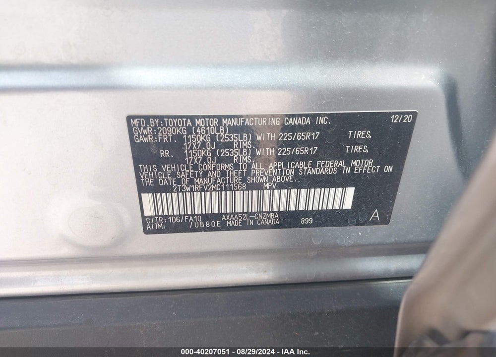 2021 TOYOTA RAV4 XLE VIN: 2T3W1RFV2MC111568