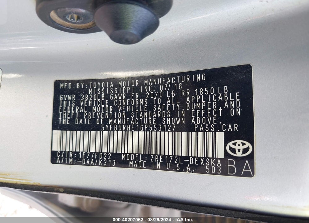 2016 TOYOTA COROLLA S PLUS VIN: 5YFBURHE1GP553127