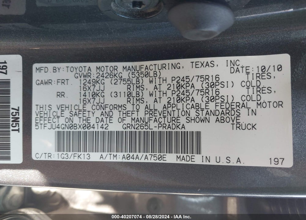2011 TOYOTA TACOMA PRERUNNER V6 VIN: 5TFJU4GN0BX004142